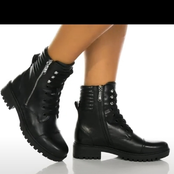Blondo Mady Black Leather Waterproof Lace-Up Side Zip Combat Boots - Size 8 - Picture 1 of 16